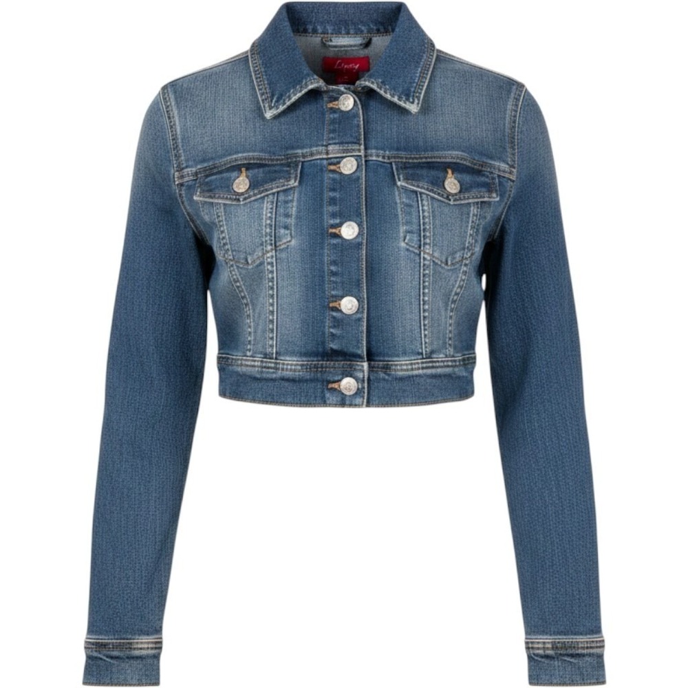 Lipsy Denim Jacket Women Large Blue Excellent Cropped Stretch Ramie Cotton Blend